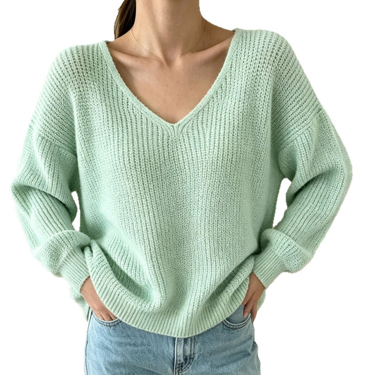 Damen Lässiger Boxy-Grobstrickpullover mit V-Ausschnitt und gerippten Bündchen EB