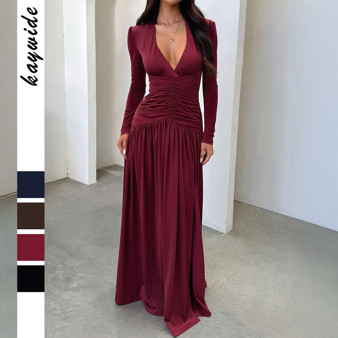 Damen nan elegantes Abendkleid mit gerafftem Wickeloberteil, hohem Beinschlitz und Samtärmeln EB