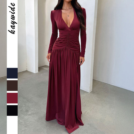 Damen nan elegantes Abendkleid mit gerafftem Wickeloberteil, hohem Beinschlitz und Samtärmeln EB