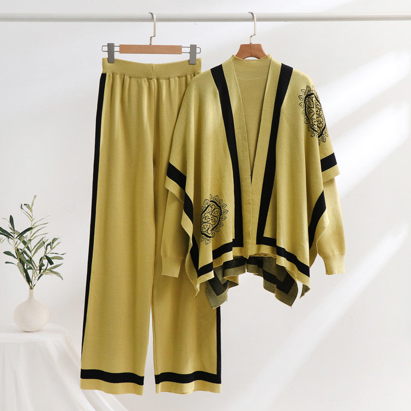 Damen elegantes Strick-Loungewear-Set mit grafischem Muster und weiten Ärmeln EB