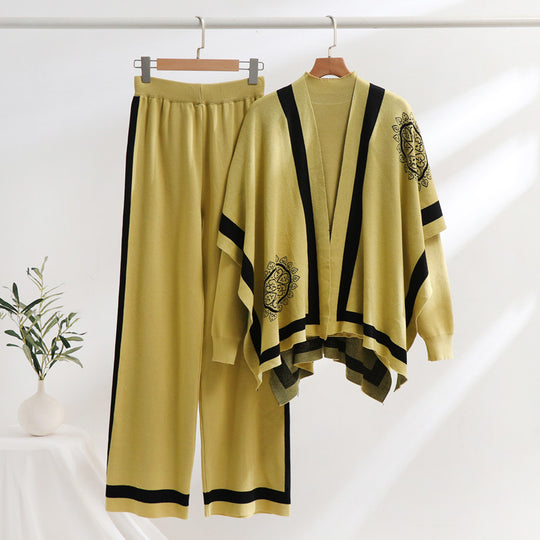 Damen elegantes Strick-Loungewear-Set mit grafischem Muster und weiten Ärmeln EB