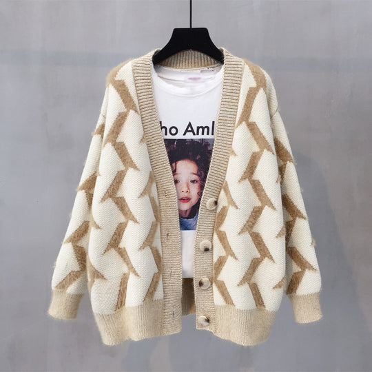Damen Grobstrick Cardigan mit modernem Zickzackmuster und Knopfdetails EB
