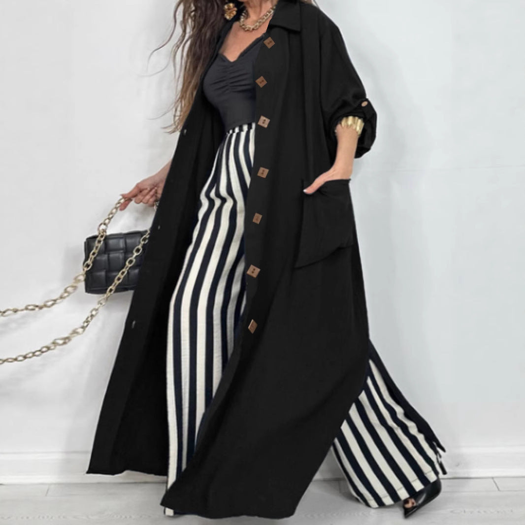 Damen Modischer Maxi-Mantel mit aufgesetzten Taschen und klassischen Knopfdetails EB