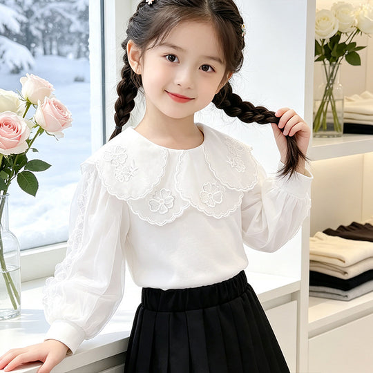 Mädchen elegante Bluse mit verzierter Rückenöffnung und Tüllärmeln EB