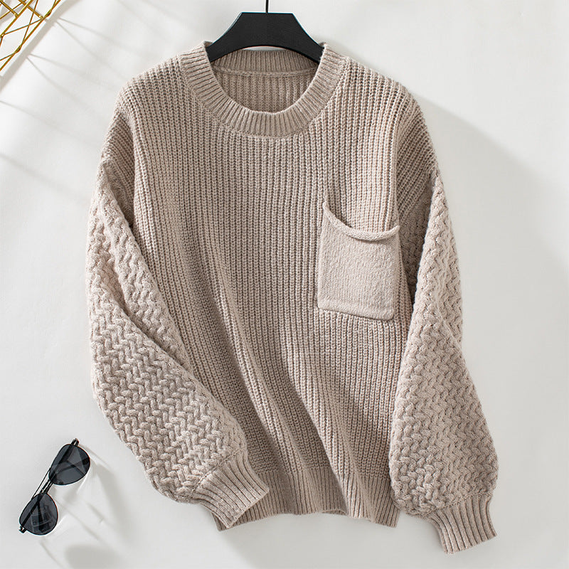 Damen Pullover mit strukturiertem Zopfmuster und Brusttasche EB