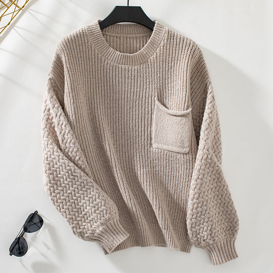 Damen Pullover mit strukturiertem Zopfmuster und Brusttasche EB