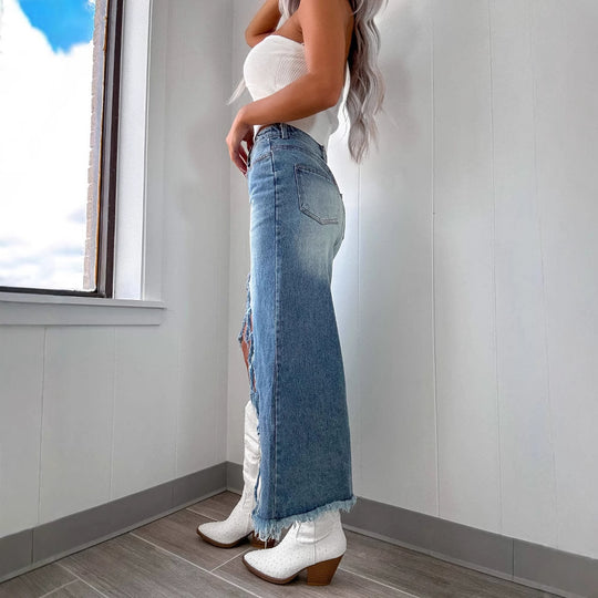 Damen Midilange Jeansrock mit teils fransigem Saum und hohem Schlitz EB