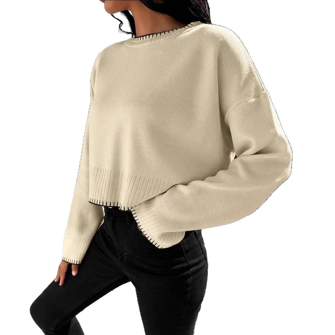 Damen lässiger Crop-Pullover mit strukturierten Säumen und Rundhalsausschnitt EB