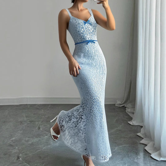Damen Elegantes Spitzen-Midikleid mit verstellbaren Trägern und Schleifen-Detail EB