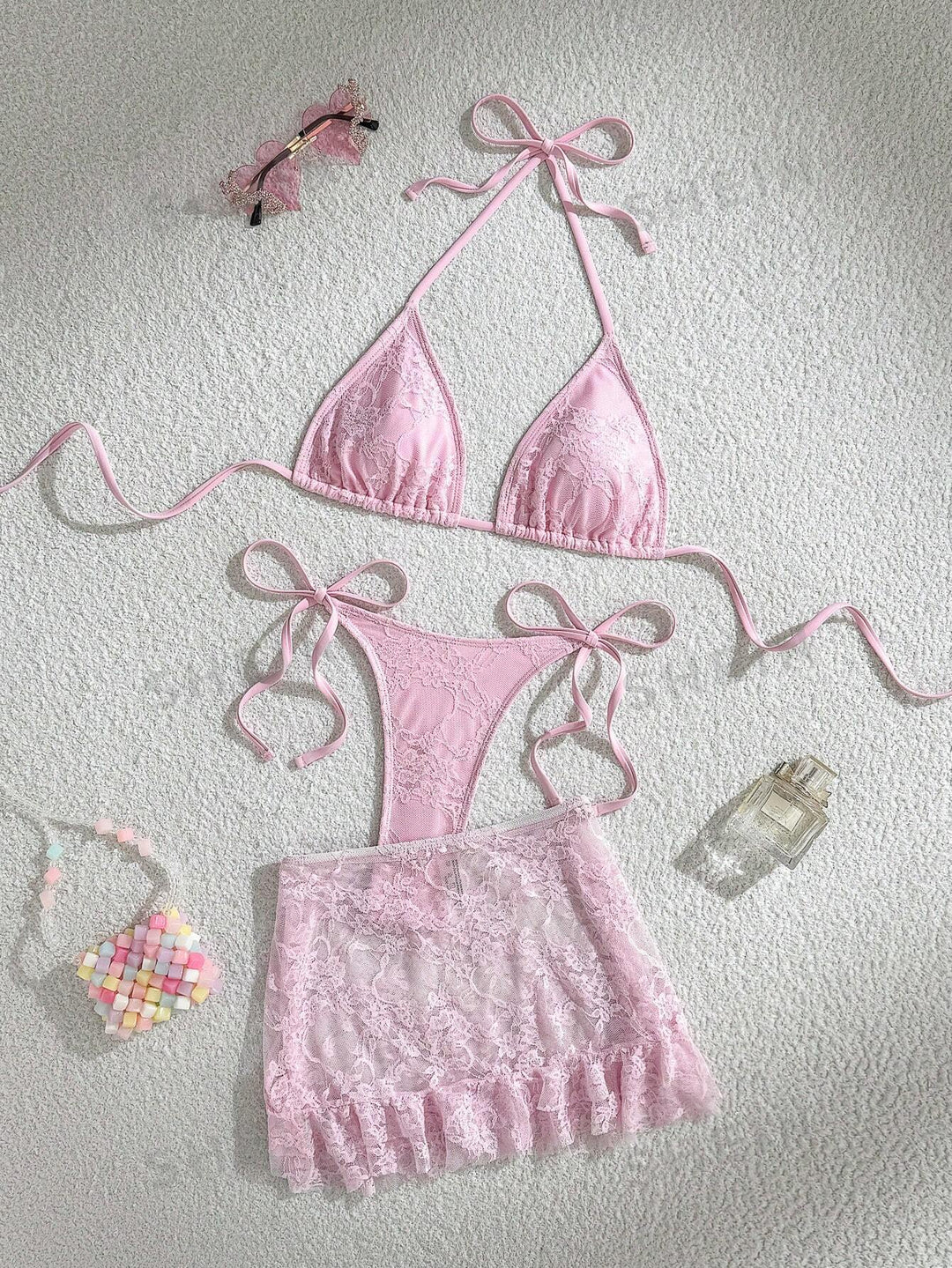 Damen Spitzen-Bikini mit floralem Design und fließendem Rock EB