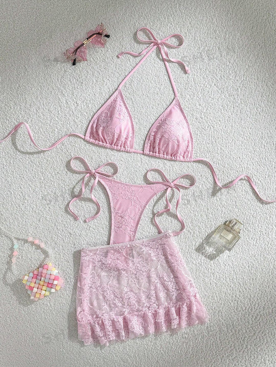 Damen Spitzen-Bikini mit floralem Design und fließendem Rock EB