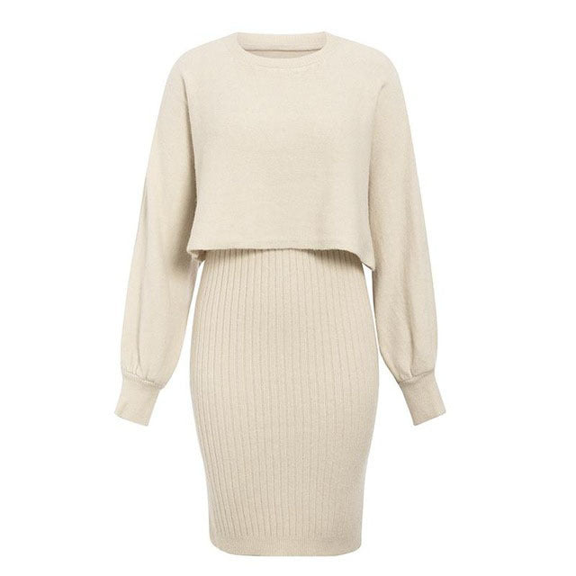 Damen Strickkleid mit kurzem Oberteil und Rippenstruktur EB