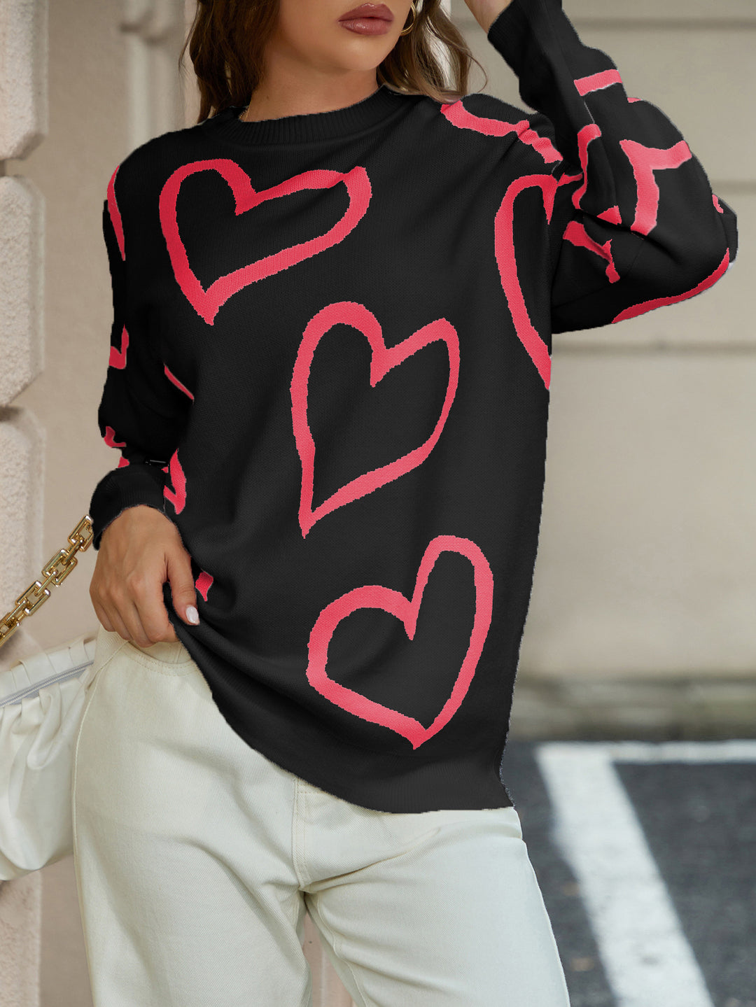 Damen Strickpullover mit Herzmotiv und Lässiger Passform EB