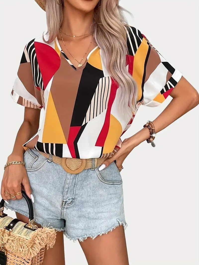 Damen V-Ausschnitt T-Shirt mit geometrischem Muster EB