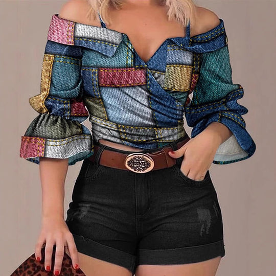 Damen modisches Oberteil mit voluminösen Ärmeln und Patchwork-Design EB