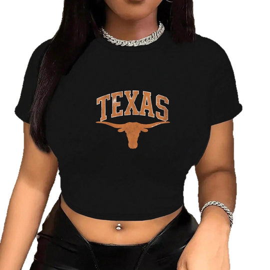 Damen Crop-T-Shirt mit kreativem Texas-Design und figurbetontem Schnitt EB