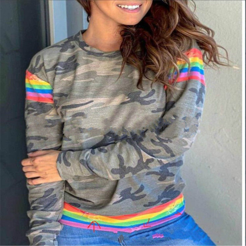 Damen Camouflage Sweatshirt mit kontrastierenden Streifen und Rundhalsausschnitt EB