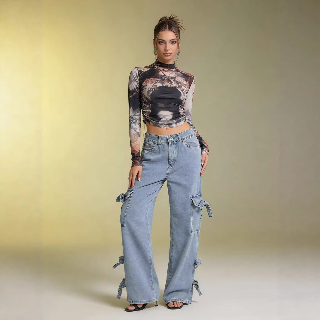 Damen Weite Cargo-Jeans mit Bindebändern