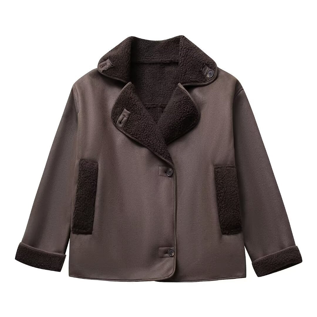 Damen nan kurze Winterjacke mit weichem Teddyfutter, Umschlagkragen und Knopfleiste EB