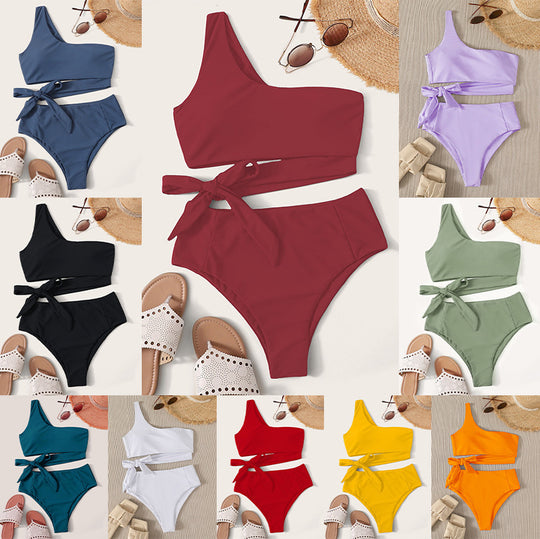 Damen Einseitiger Bikini mit hohem Bund und elegantem Knoten EB