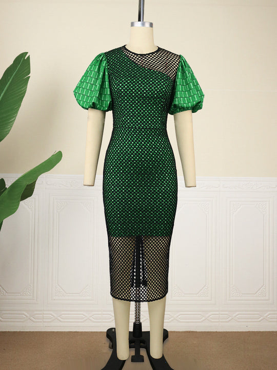 Damen figurbetontes Kleid mit innovativem Netzdesign und voluminösen Puffärmeln EB