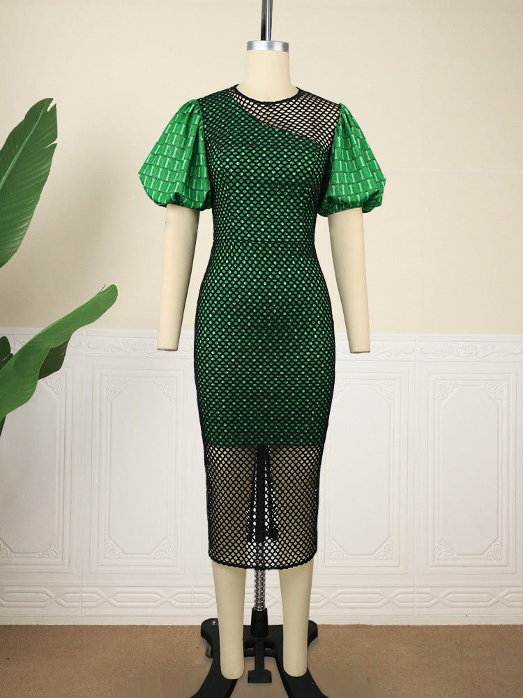 Damen figurbetontes Netzkleid mit Puffärmeln EB