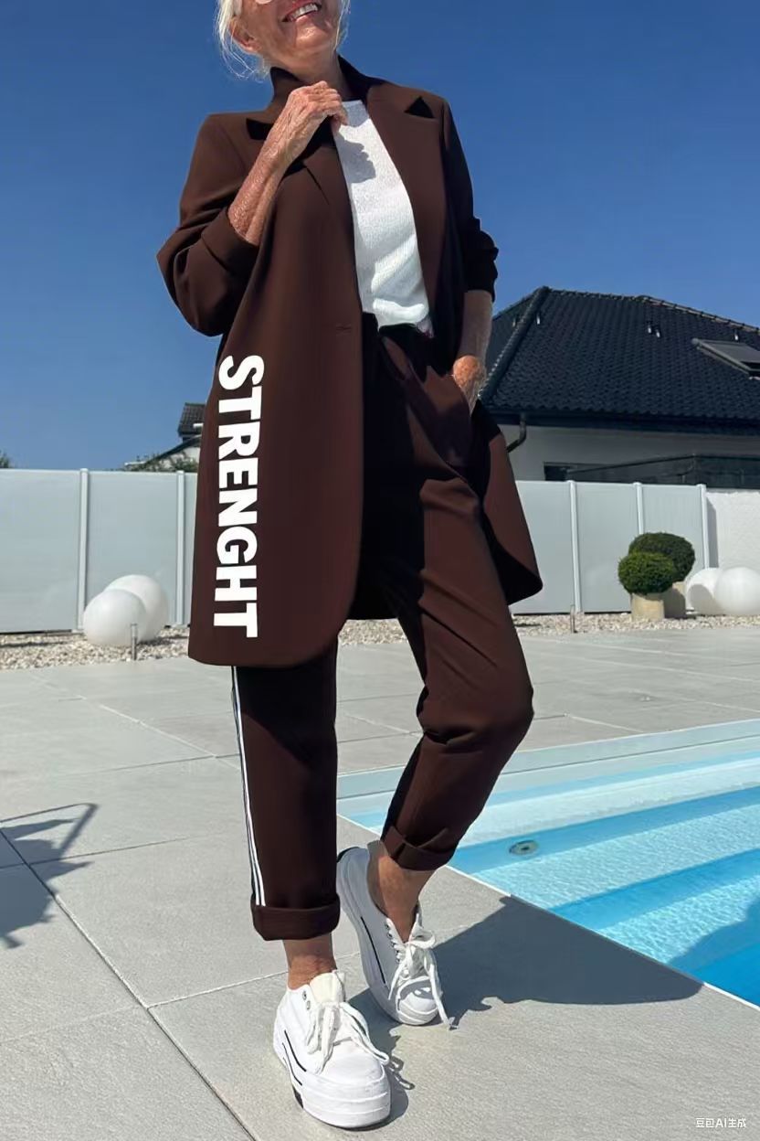 EB | Length Letter Printed Trenchcoat und Hose Zweiteiler Satz