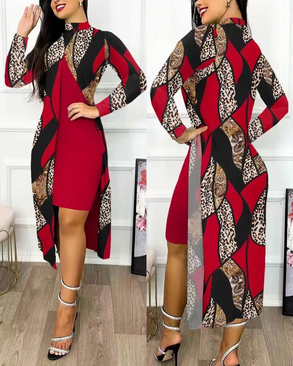 Damen elegantes Maxikleid mit asymmetrischem Schnitt und Grafischem Muster EB