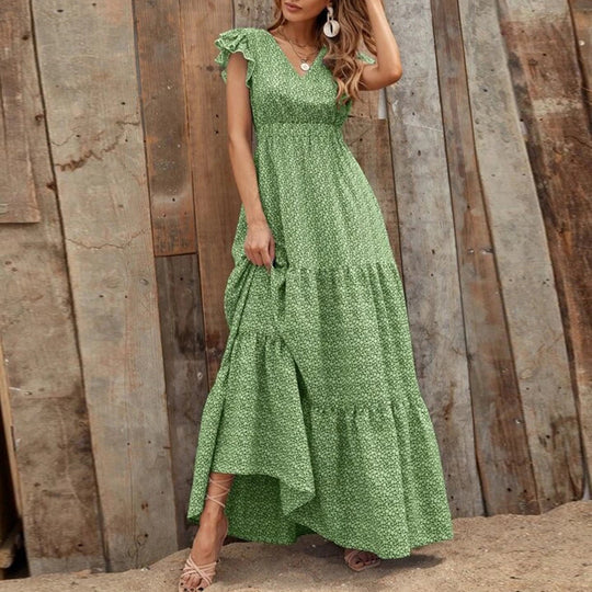 Damen Maxikleid mit voluminösem Rock und dekorativen Rüschen EB
