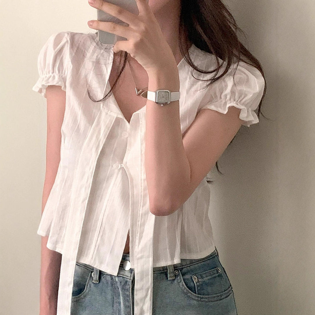 Damen kurzarm bluse mit dekorativen bindebändern EB