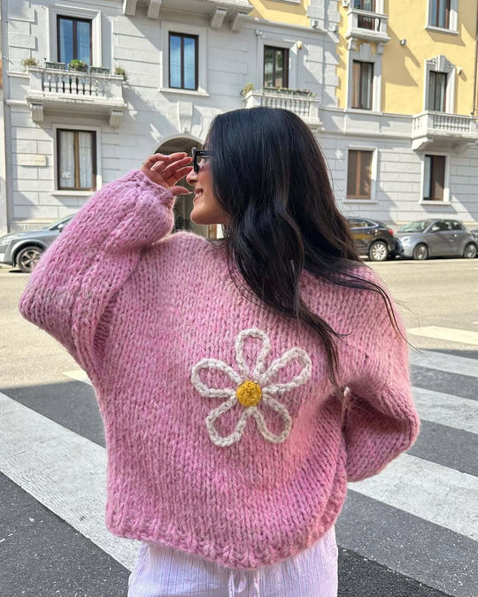 Damen lässiger Strickpullover mit floralem Motiv und oversized Schnitt EB