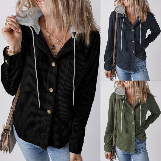 Damen Kapuzenbluse mit strukturiertem Stoff und praktischen Knopfdetails EB