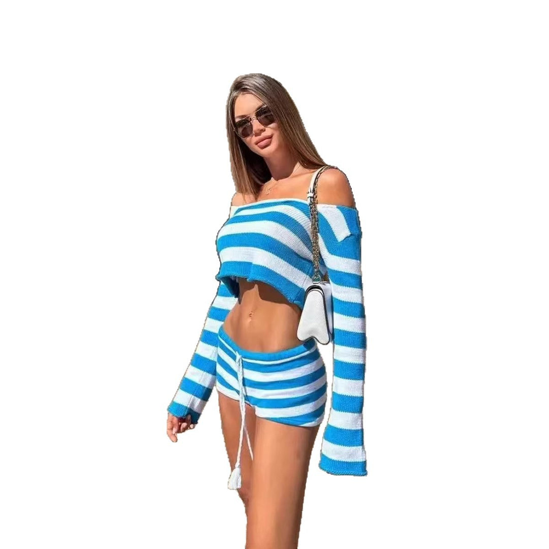 Damen lässiges Strand-Set mit cropped Pullover und kurzen Hosen EB