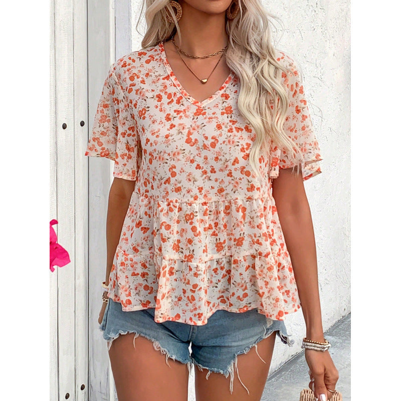 Damen Bluse mit Rüschenschnitt und floralem Muster EB
