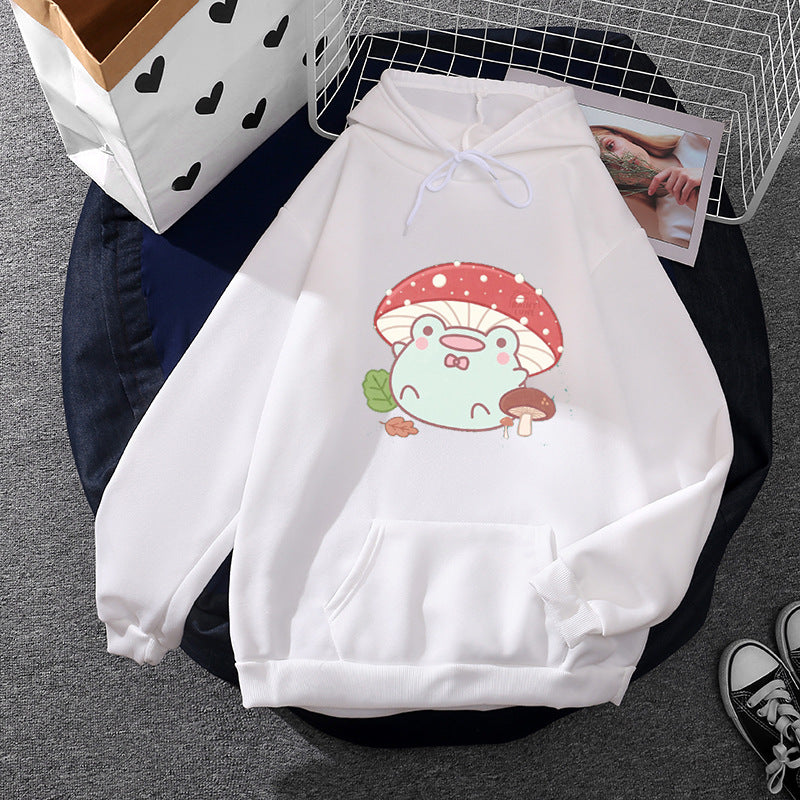 Damen nan weicher Oversize-Kapuzenpullover mit kawaii Pilzfrosch-Print, Kängurutasche und gerippten Bündchen EB