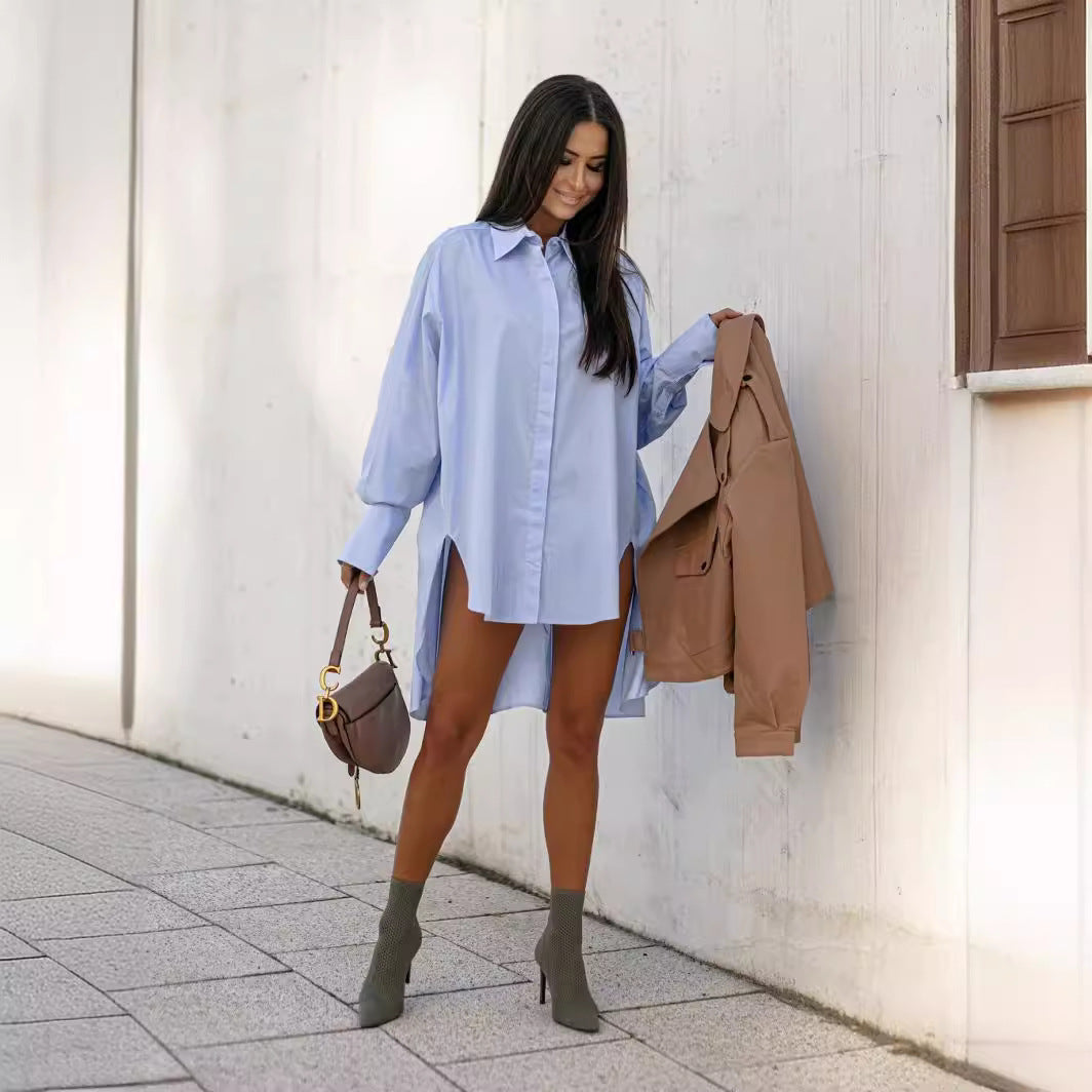 Damen nan Oversize-Hemdblusenkleid mit Ballonärmeln, verdeckter Knopfleiste und hohen Seitenschlitzen EB