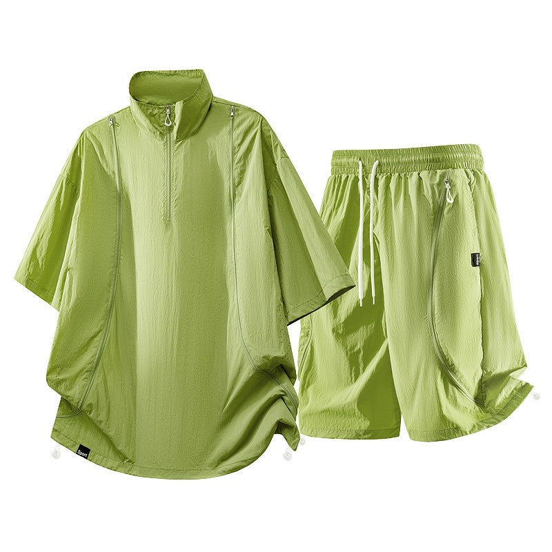Herren nan oversized sportliches Freizeit-Set mit Halbzip, Stehkragen und elastischen Cargo-Shorts EB