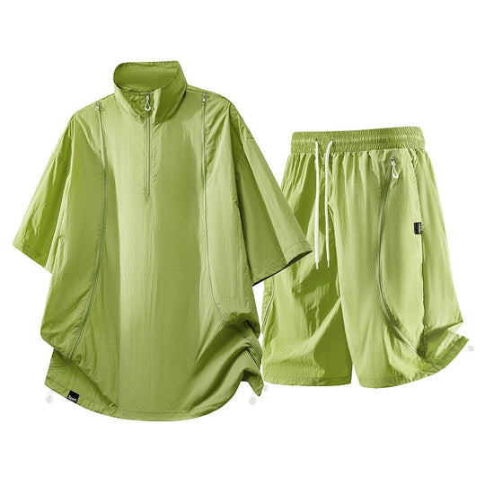 Herren nan oversized sportliches Freizeit-Set mit Halbzip, Stehkragen und elastischen Cargo-Shorts EB