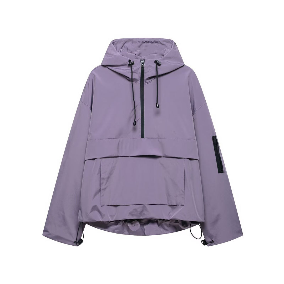 Damen nan winddichter Oversize Anorak mit Halbzip, Kängurutasche und verstellbarer Kapuze EB
