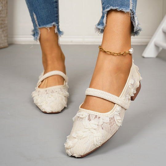 Damen Ballerinas mit zarter Spitzenapplikation und romantischen Blumenmotiven EB