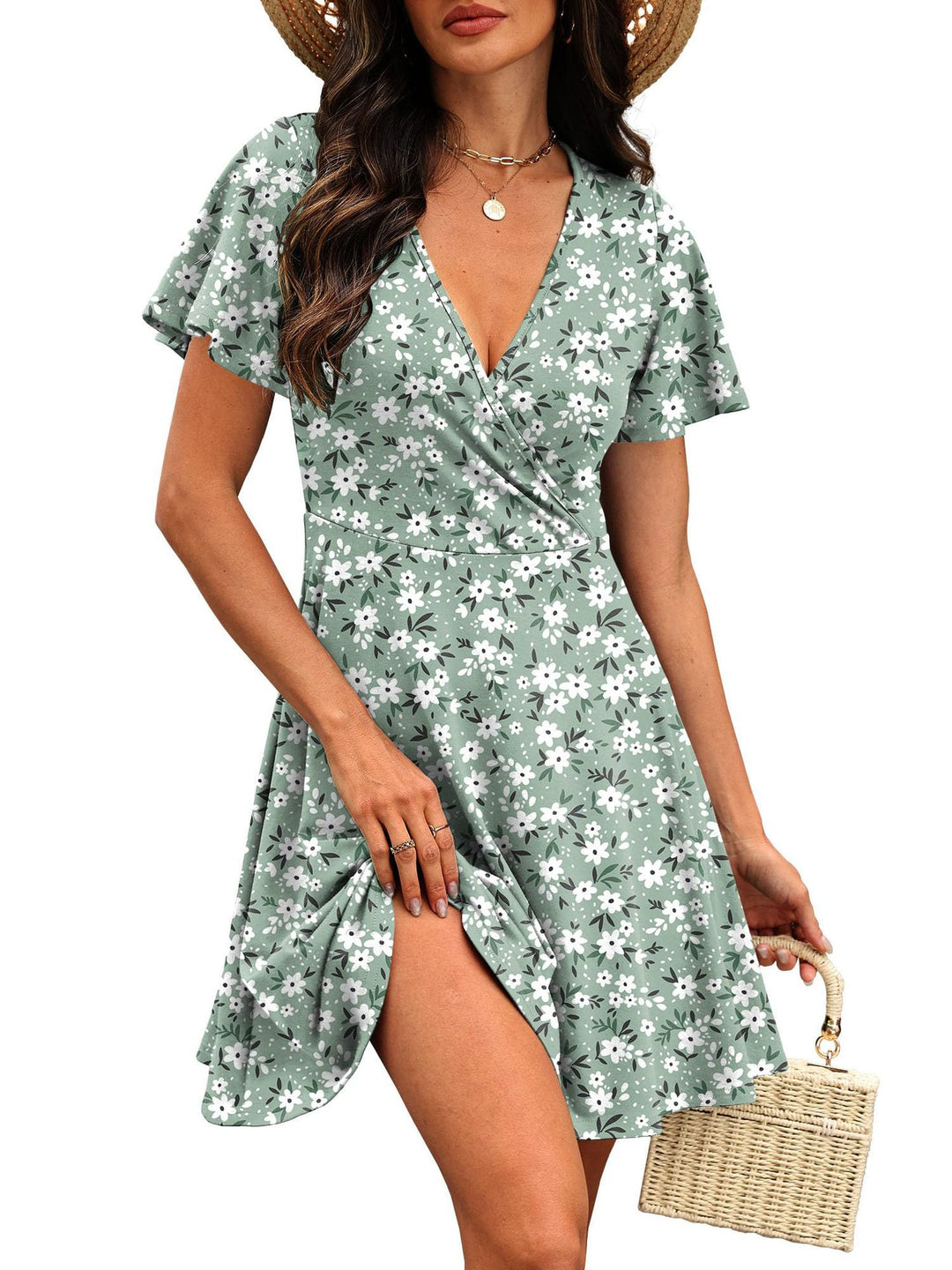 Damen Kurzärmeliges Wickelkleid mit floralen Mustern und V-Ausschnitt EB