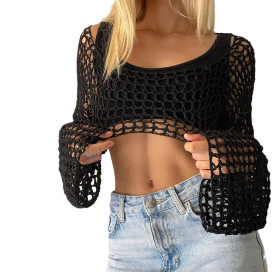 Damen gehäkelter kurzer Bolero mit asymmetrischem Schulterauschnitt und ausgestellten Ärmeln EB