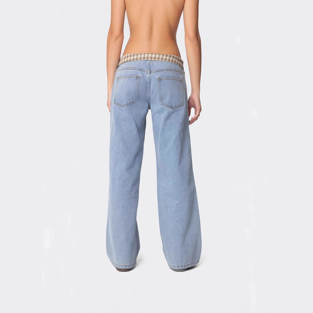 Damen nan weite Schlagjeans mit umgeschlagenem Karobund und klassischem Five-Pocket-Schnitt EB