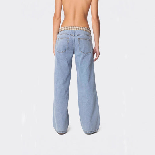 Damen nan weite Schlagjeans mit umgeschlagenem Karobund und klassischem Five-Pocket-Schnitt EB