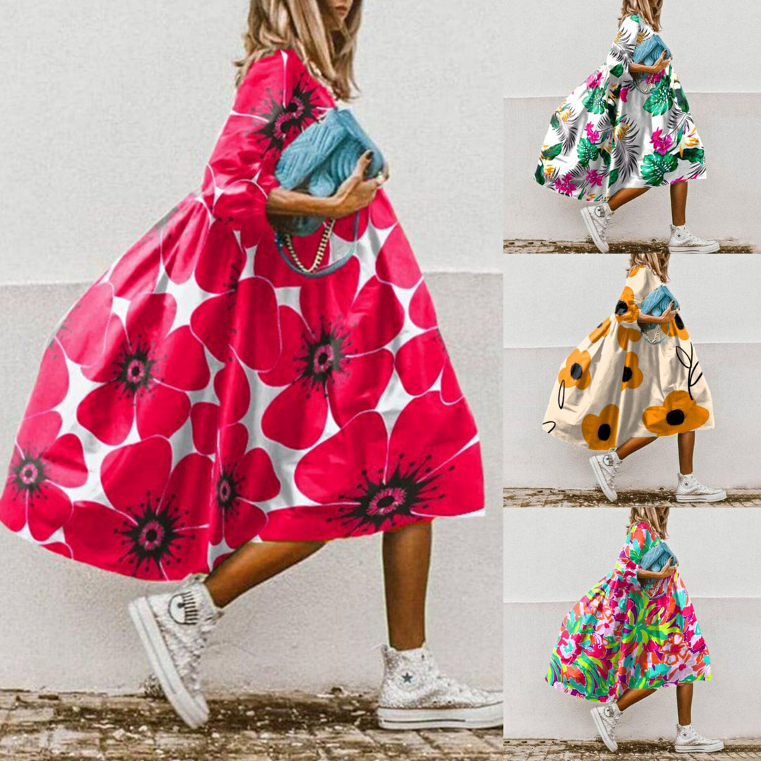 Damen nan leichtes Baumwoll-Swingkleid mit großem Blumenprint, 3/4-Ballonärmeln und geraffter Taille EB