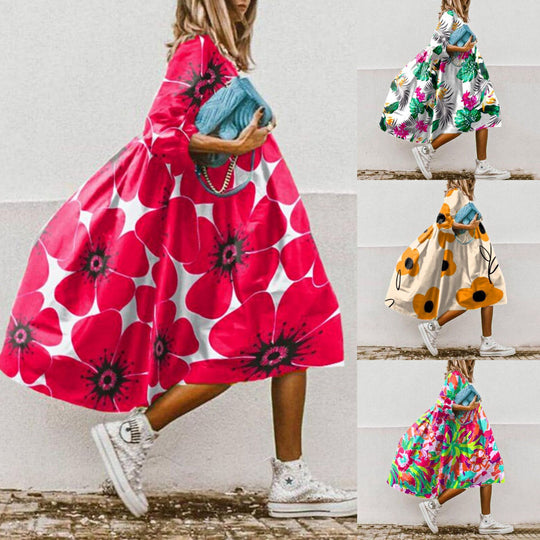 Damen nan leichtes Baumwoll-Swingkleid mit großem Blumenprint, 3/4-Ballonärmeln und geraffter Taille EB