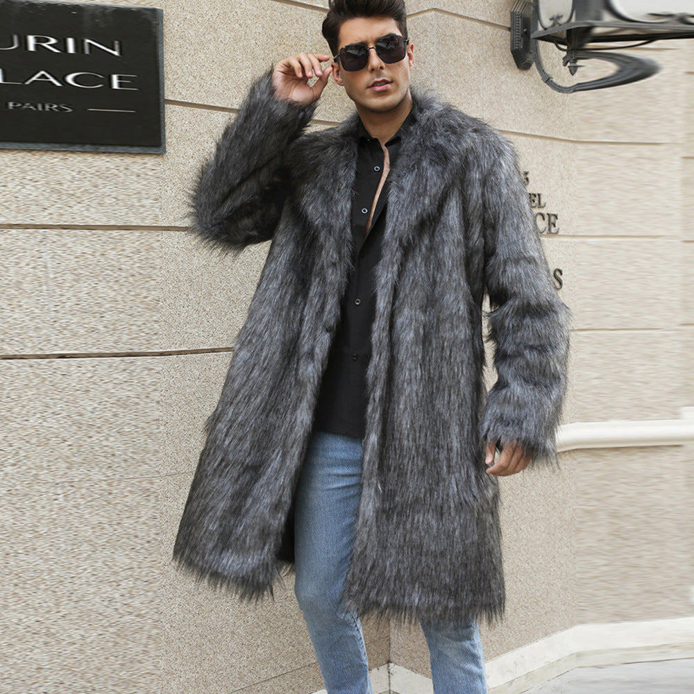 Herren Eleganter Kunstpelz-Mantel mit breitem Kragen und Relaxed Fit EB