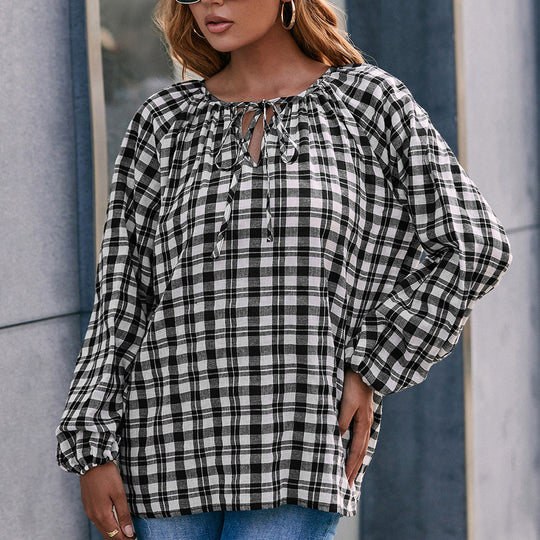 Damen Bluse mit Karo-Muster und Schleifendetail EB
