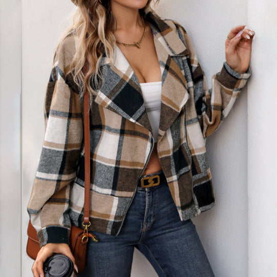 Damen lässige Karojacke mit oversized Schnitt und modernem Reverskragen EB