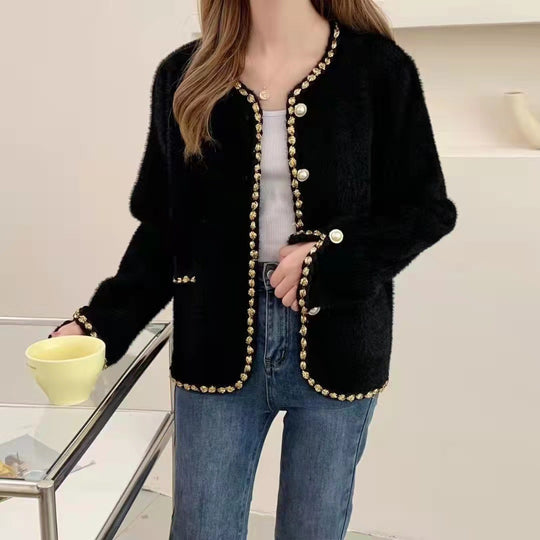 Damen Elegante Strickjacke mit dekorativen Perlenknöpfen und feiner Struktur EB